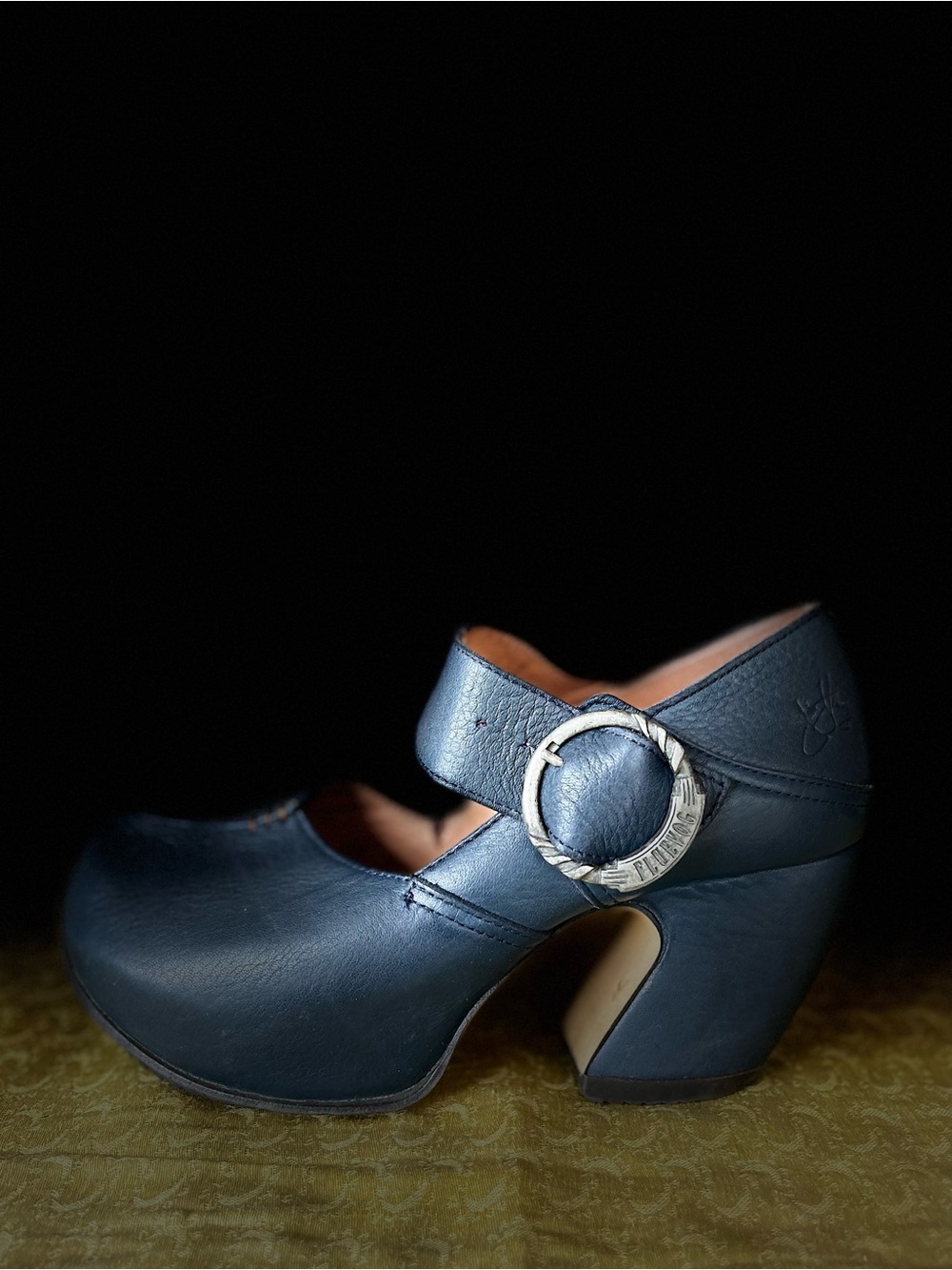 John Fluevog Navy Leather Mary Jane Heel with Decorative Silver Buckle